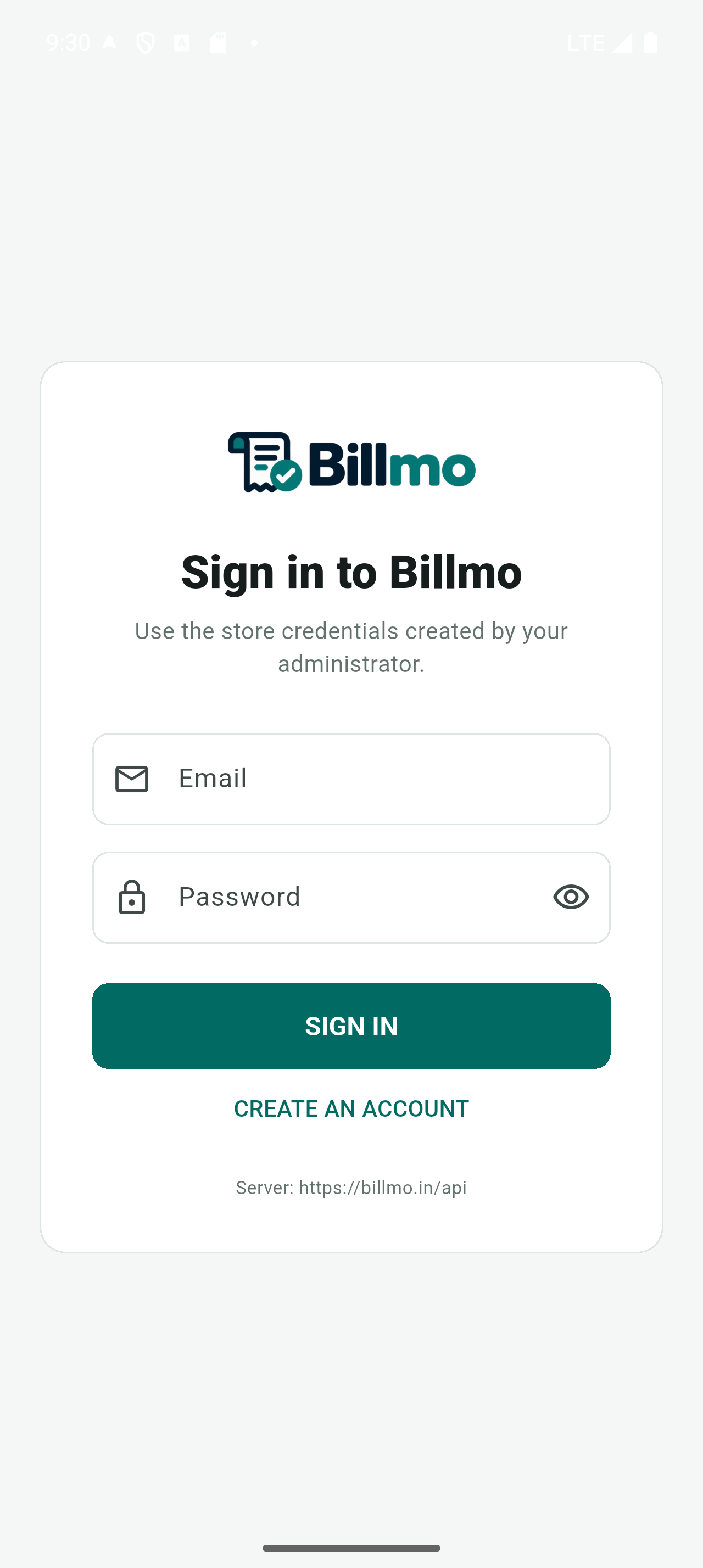 Billmo secure sign in on Android